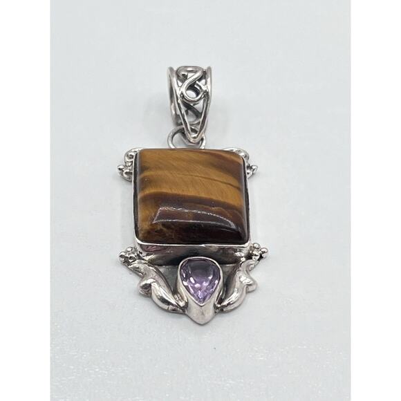 Sterling Silver 925 Pendant Only Square Tiger’s Eye Teardrop Purple Amethyst - Picture 1 of 6